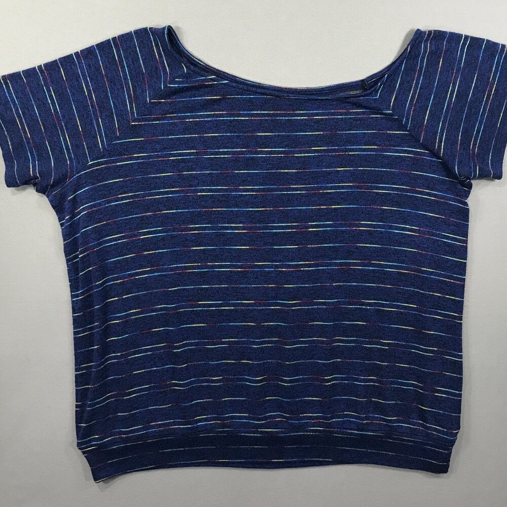 Torrid Top Women's 3X Blue Rainbow Stripe Pullover Shirt Off One Shoulder Hacci